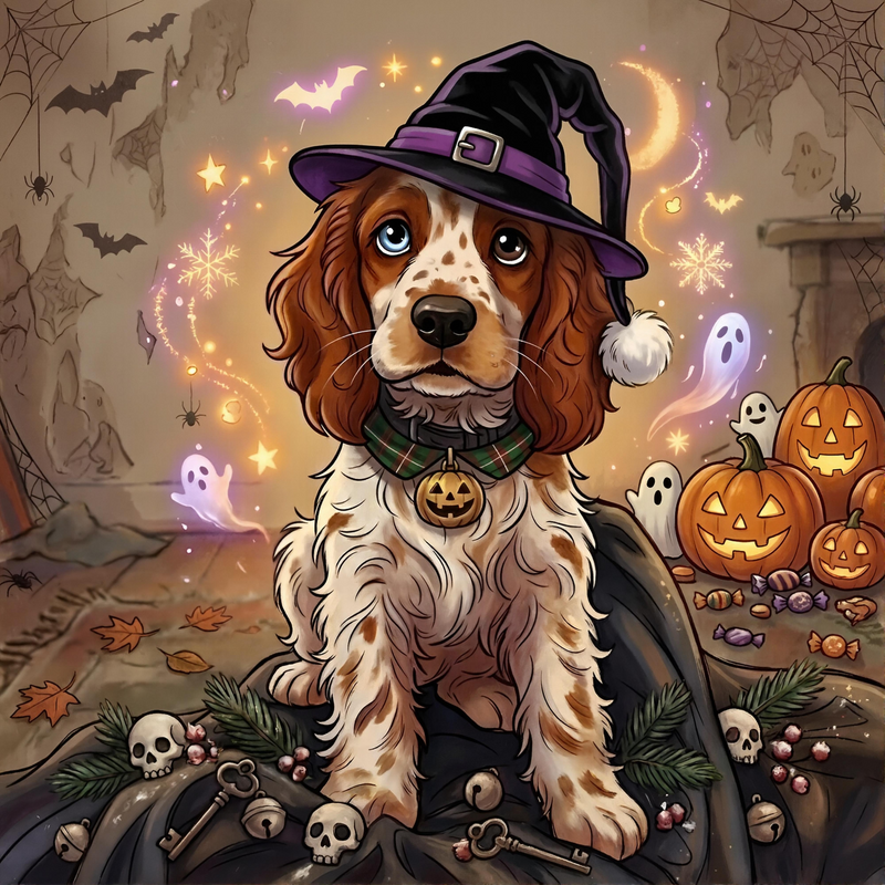 Halloween Spaniel Witch Art Print