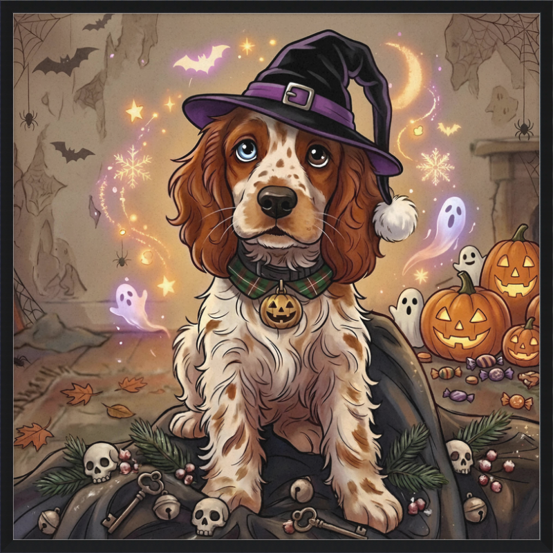 Halloween Spaniel Witch Art Print